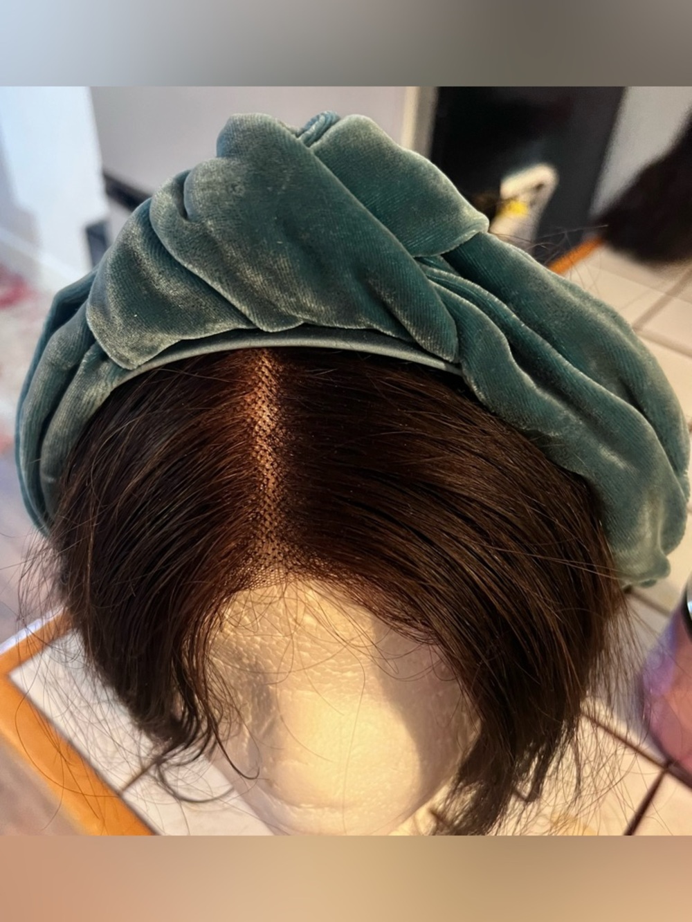 Jennifer Behr Designer Velvet Knotted Headband in Teal Green.
